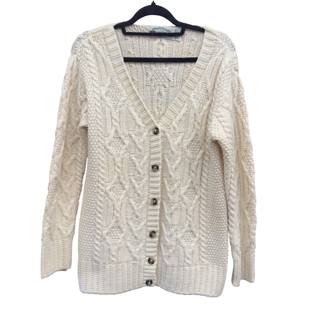 Aran Crafts Ireland Women S Cream 100% Merino Wool Cable Knit Cardigan Sweater
